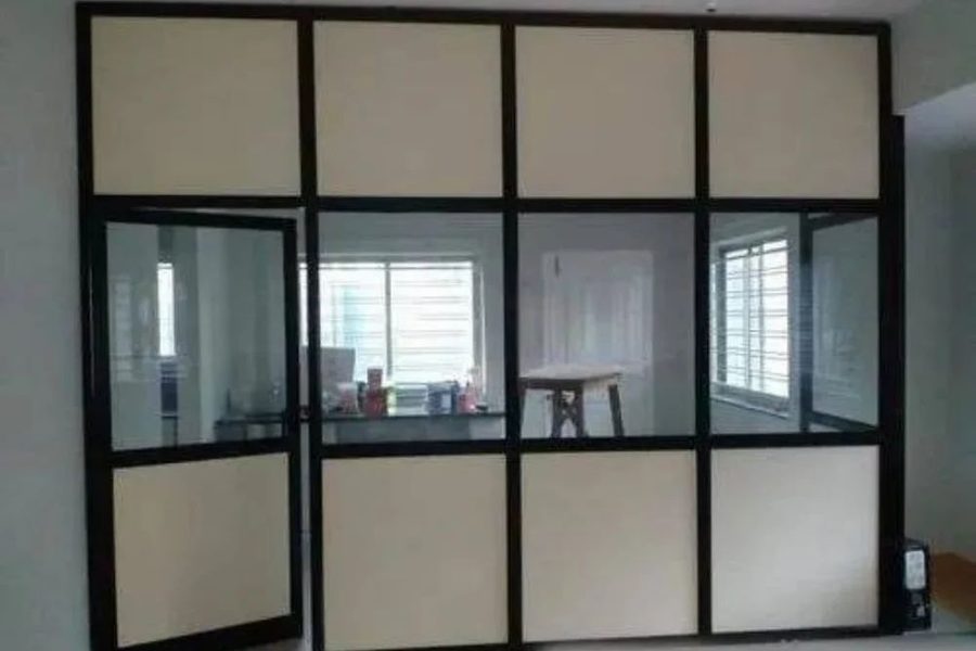 Aluminium partition cabins across an office floor