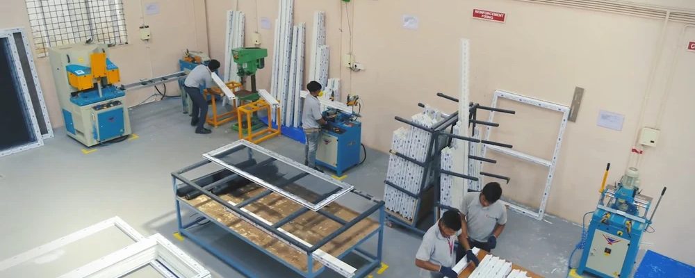 Door frames being assembled at the Alkraft workshop in Dilshad Garden